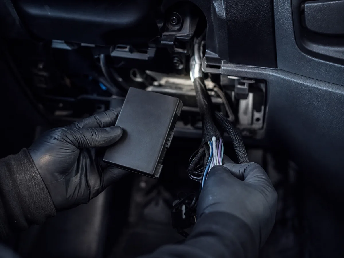 An engineer's gloved hands routing a small black telematics unit and its wiring loom into the under dash cavity of a commercial van.