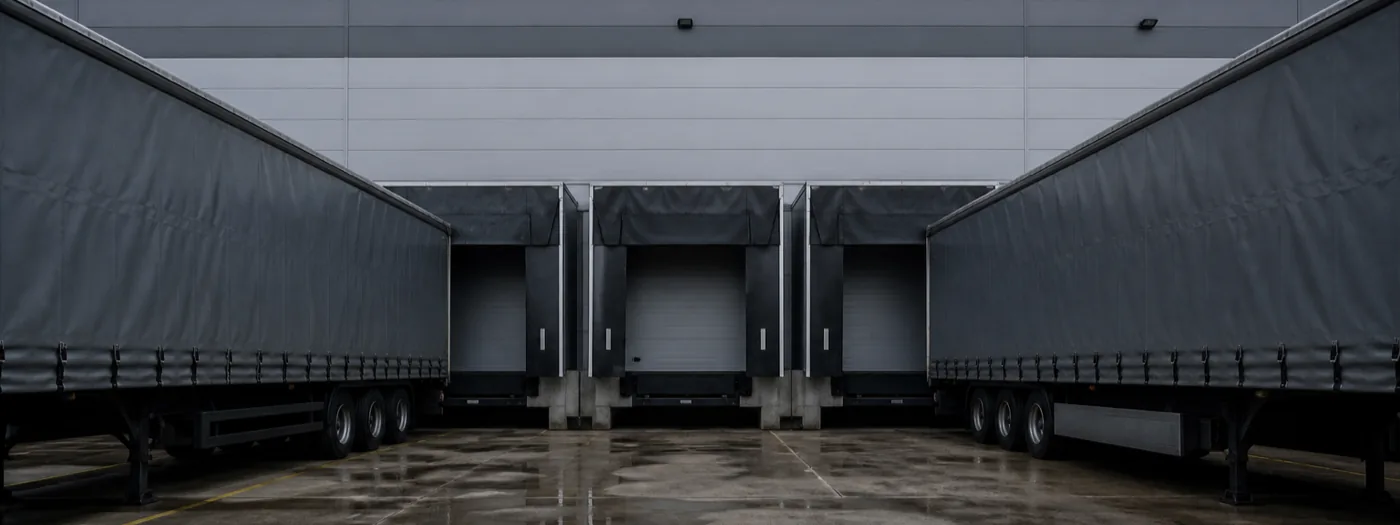 Curtain sided articulated trailers backed onto loading bay docks at a distribution warehouse on a wet concrete apron.